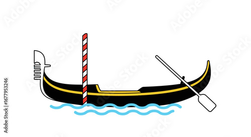 Iconic Venetian Gondola with Oar and Red and White Striped Pole on Wavy Blue Water, Simple Vector Illustration
