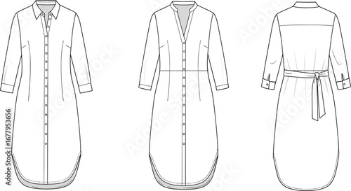 Shirt dress fashion flat, button down dress template, vector sewing pattern, technical drawing, women’s dress sketch, apparel design