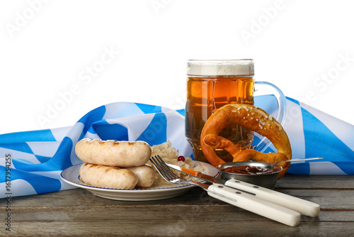 Mug with cold beer, sausage...