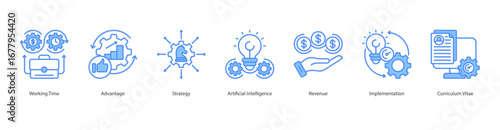 Intelligent Business Strategy banner web icon set vector illustration concept with icon of working time, advantage, strategy, artificial intelligence, revenue, implementation, curriculum vitae eps 10