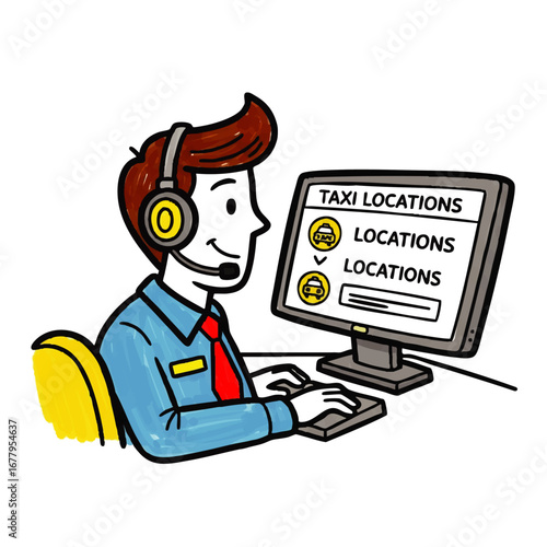 Cartoon Taxi Dispatcher Man Working on Computer Illustration