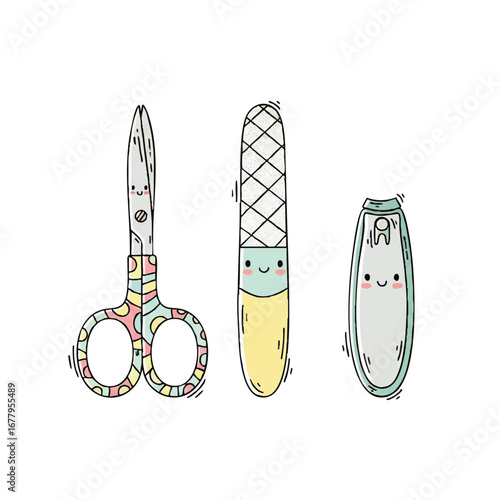 Cute Manicure Set Illustration Scissors Nail File and Clippers for Beauty and Personal Care