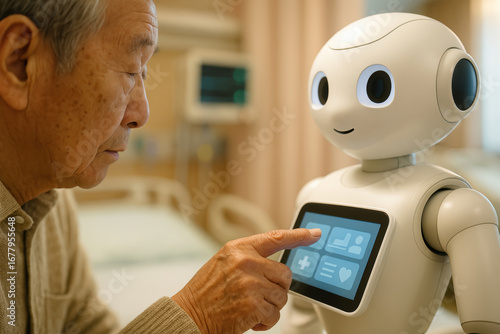 Elderly man interacting with friendly medical robot assistant in hospital room for healthcare support and patient care