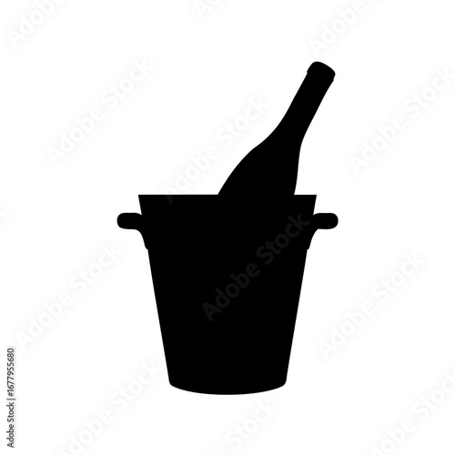 Elegant black silhouette of wine bottle chilling in ice bucket, minimalistic design