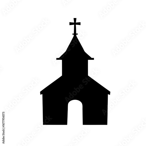 Silhouette of a church with a cross on top in simple black and white