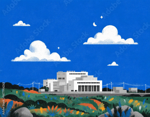 Data centre, isolated building for data, and personal web security, flat style illustration. Blue and white color. Gouache. Library of data