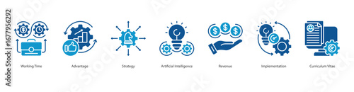 Intelligent Business Strategy banner web icon set vector illustration concept with icon of working time, advantage, strategy, artificial intelligence, revenue, implementation, curriculum vitae eps 10