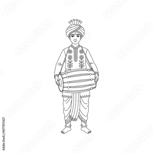 Indian Musician with Dhol Drum in Traditional Costume Line Art. Male Performer Coloring Page Illustration.
