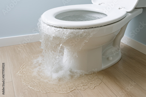 Overflowing toilet flooding bathroom floor with water, plumbing emergency causing wet wooden surface and urgent repair need