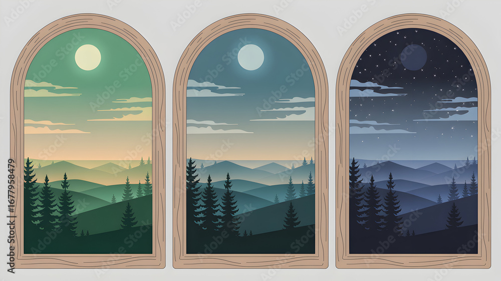 Fototapeta premium Tranquil mountain landscapes transition through day, dusk, and night within arched frames.