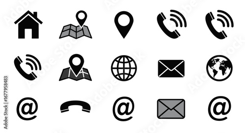 Contact us icon set. Black and white web communication symbols. Location, phone, email, home, and globe icons.