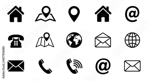 Contact us icon set. Black and white web communication symbols. Location, phone, email, home, and globe icons.