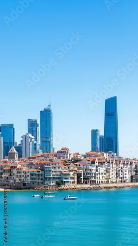 Vibrant city skyline with modern architecture by the beach