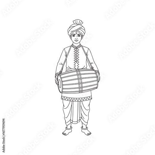Indian Musician with Dhol Drum in Traditional Costume Line Art. Male Performer Coloring Page Illustration.

