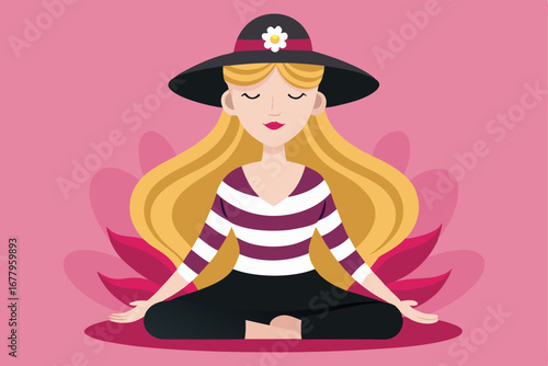 A stylish woman with a sun hat and striped shirt meditates in a lotus position, with a large lotus flower behind her, symbolizing peace, mindfulness, and relaxation.