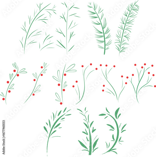 Minimalist Hand Drawn Vector Leaves and Red Berries Christmas Botanical Clipart