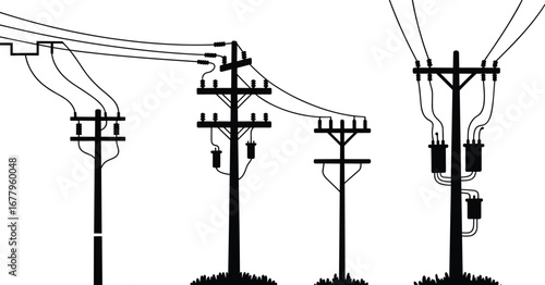 Four utility poles, electrical distribution system, transformers, crossarms, insulators, power lines, voltage network, energy infrastructure, industrial silhouette, black outline,
