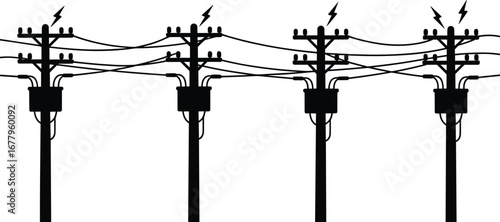 Four utility poles with transformers, high voltage power lines, electrical distribution network, energy infrastructure, voltage system, industrial silhouette, black outline, flat vector illustration