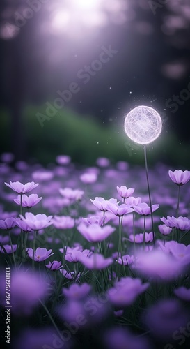 Enchanted Meadow A Dreamlike Landscape Illuminated by a Glowing Moonflower, Perfect for a Serene Escape