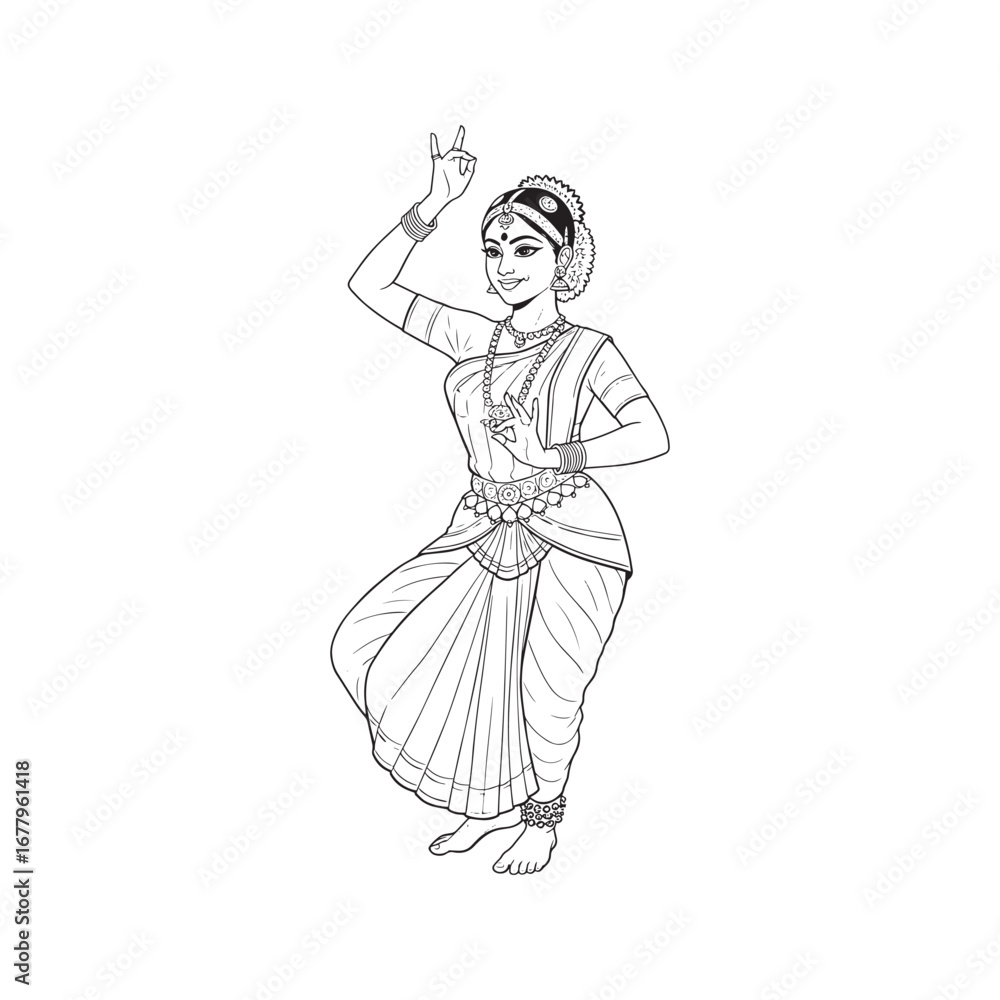 Fototapeta premium Beautiful Indian Classical Dancer in Traditional Bharatanatyam Pose Line Art Drawing. 