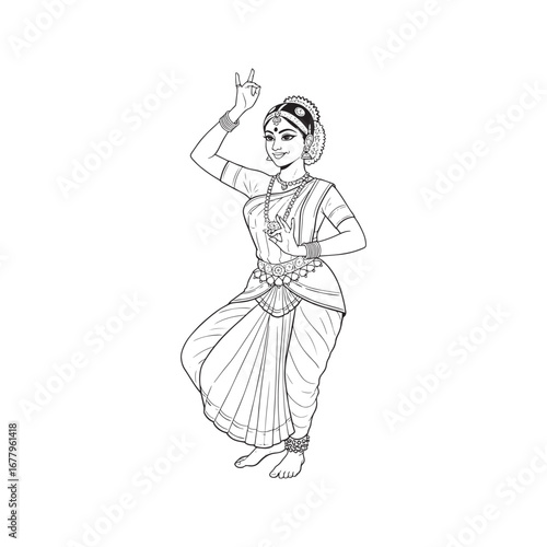 Beautiful Indian Classical Dancer in Traditional Bharatanatyam Pose Line Art Drawing.
