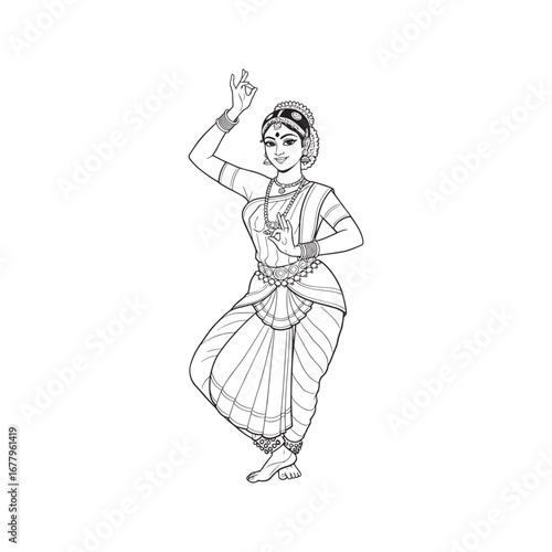 Beautiful Indian Classical Dancer in Traditional Bharatanatyam Pose Line Art Drawing.
