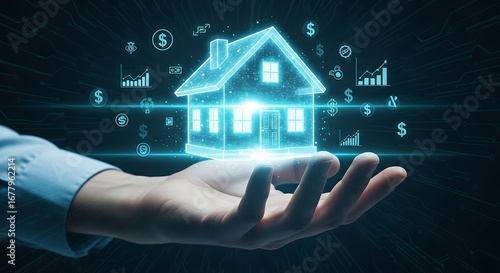 Hand holding a holographic house with financial symbols