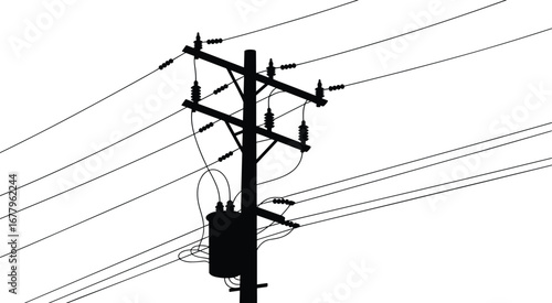 Utility pole with transformer, power lines, electricity distribution, energy infrastructure, electrical grid network, industrial silhouette, high voltage, black white, flat vector illustration