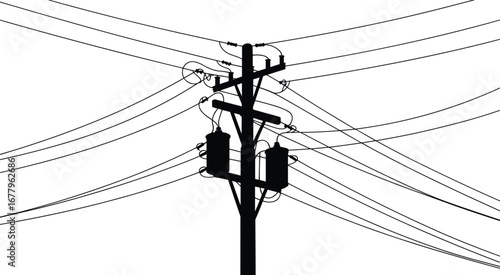 Utility pole with transformers, power lines, electricity distribution, energy infrastructure, electrical grid network, industrial silhouette, high voltage, black white, flat vector illustration