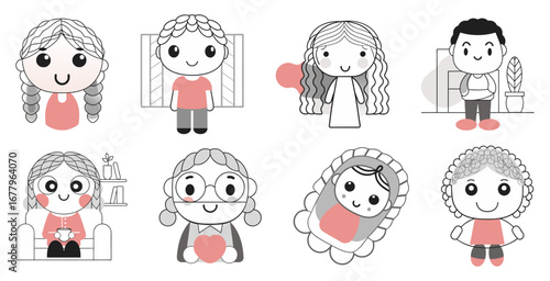 A black-and-white icon set of a family in a cute, simple cartoon style, with selective pink accents on each character representing different age groups and relationships.