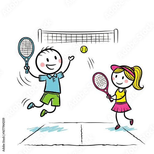 Happy Stick Figure Kids Playing Tennis Active Lifestyle Cartoon Illustration