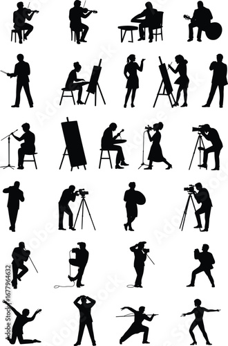 Performing arts and creative activities, musicians, dancers, painters, actors, singers, filmmakers, artistic expression, cultural performance, black white, flat vector illustration