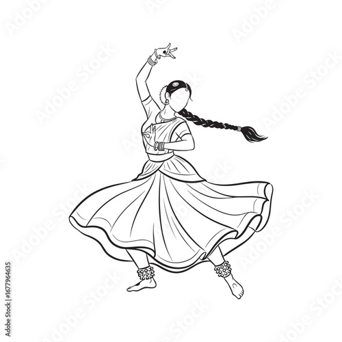 Stylized Line Art of an Indian Classical Dancer. Traditional Kathak Dance Pose Woman Illustration.
