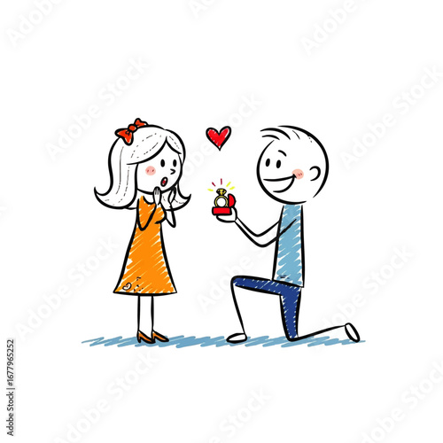 Cute Stick Figure Proposal Man on Knee Offering Ring to Woman