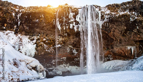 Frozen Waterfall Icicles Forming Intricate Columns in Winter Landscape