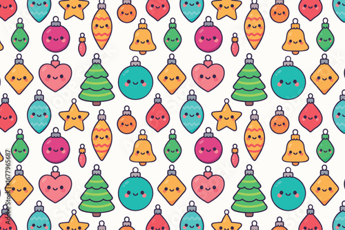 Colorful vector illustration featuring cute Christmas ornaments, including trees, stars, and baubles, arranged in a playful pattern, perfect for festive designs and holiday celebrations