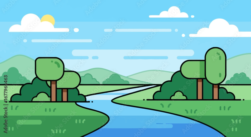 Obraz premium Illustration Vector SVG Landscape with River Trees and Sky Modern Flat Design