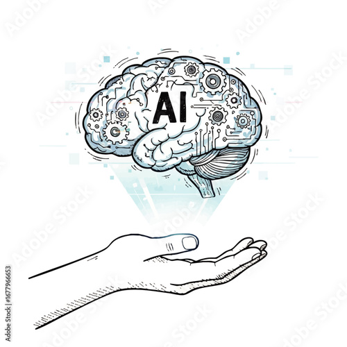 Artificial Intelligence Conceptual Brain with Gears Floating Above Hand Illustration