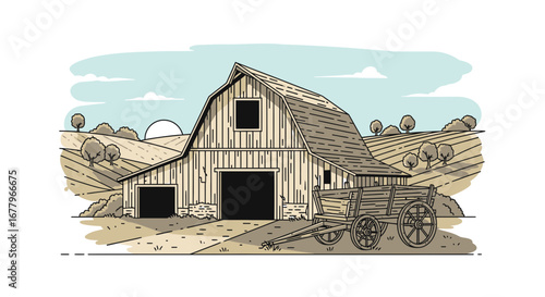 Illustration Vector SVG Design of a Barn with Farmhouse Landscape in Beige and Light Blue Colors