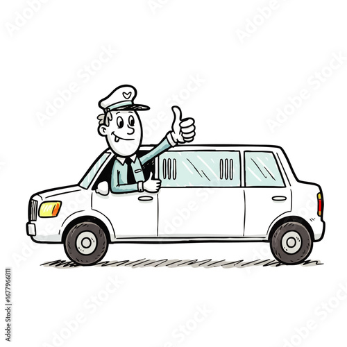 Cartoon Limousine Driver Giving a Thumbs Up in a White Limo Car