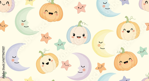 Cute Cartoon Vector SVG Pattern with Pumpkins Moons and Stars Pastel Colors Halloween Design