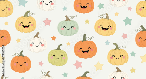 Cute Pumpkin Vector SVG Seamless Pattern with Smiling Faces and Star Elements in Pastel Colors for Seasonal Design