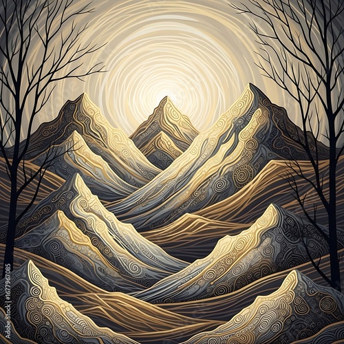 Surreal mountain range with intricate flowing textures and a glowing celestial sun in a dreamlike, stylized landscape illustration