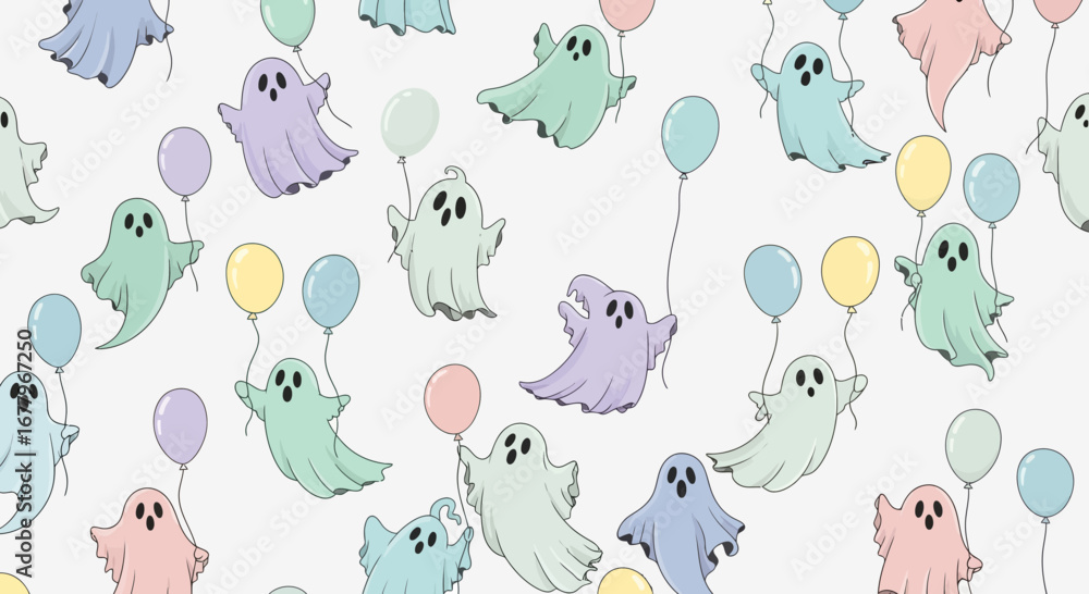 Fototapeta premium Illustration Vector SVG Design featuring Cartoon Ghosts and Balloons Cute Pastel Colors Pattern for Halloween Party Theme