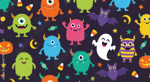 Halloween Vector SVG Illustration with Monsters Bats Pumpkins and Candy Corn in Flat Design