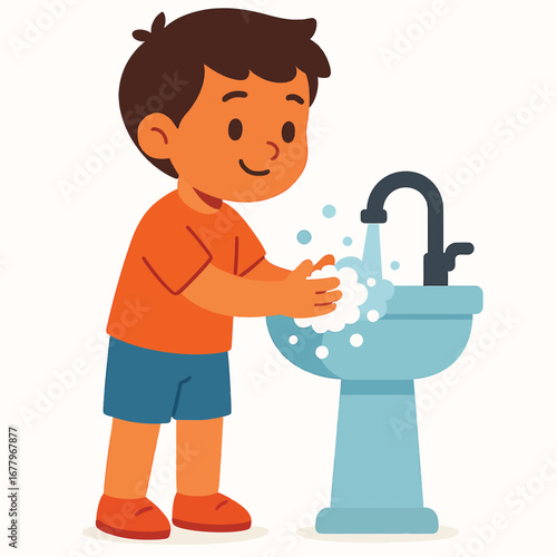Cute boy in red shirt washing hands at sink with soap foam, kids hygiene illustration