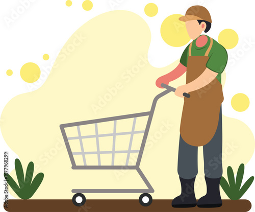Waiter pushing empty trolley cart illustration