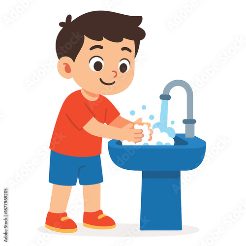 Smiling little boy washing hands with soap foam, children hygiene vector illustration