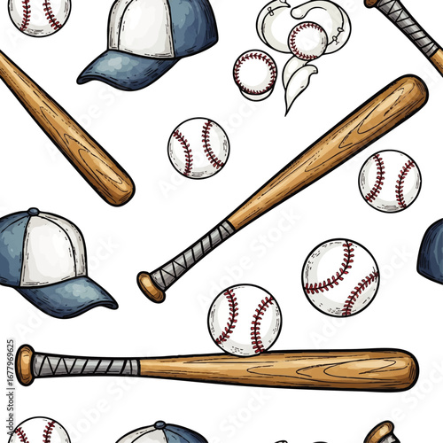 Seamless pattern of baseball bats, caps, and balls, perfect for sports-themed designs and backgrounds