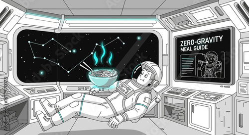 An astronaut enjoys a zero-gravity meal with a view of the stars inside his spaceship